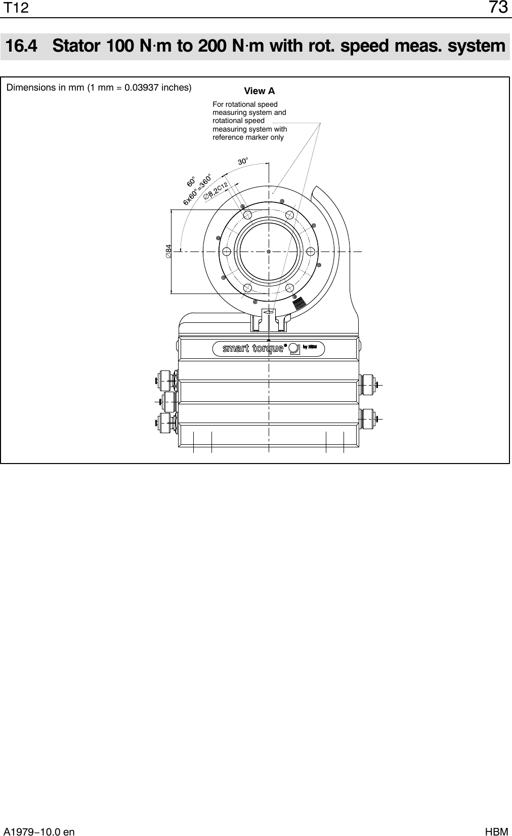 73T12A1979−10.0 en HBM16.4  Stator 100 Nm to 200 Nm with rot. speed meas. systemFor rotational speedmeasuring system androtational speedmeasuring system withreference marker only84View ADimensions in mm (1 mm = 0.03937 inches)