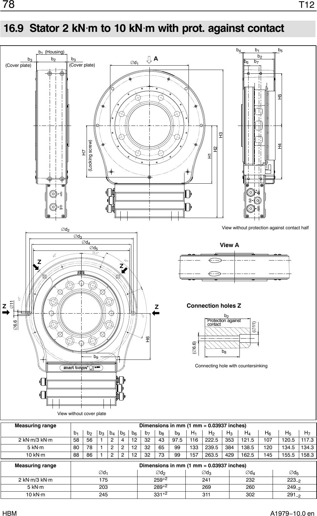 T1278A1979−10.0 enHBM16.9 Stator 2 kNm to 10 kNm with prot. against contactConnection holes ZView AAZZZZ(Housing)View without protection against contact halfView without cover plateProtection against contactConnecting hole with countersinking(Cover plate) (Cover plate) d1b2b3b3b1b4b2b5H1H2H3H4 H5d2d3d4b2b1b8116.6(6.6)(11)b6b7H6d5H7b9(Locking screw)Measuring range Dimensions in mm (1 mm = 0.03937 inches)b1b2b3b4b5b6b7b8b9H1H2H3H4H6H5H72 kNm/3 kNm 58 56 1 2 4 12 32 43 97.5 116 222.5 353 121.5 107 120.5 117.35 kNm 80 78 1 2 2 12 32 65 99 133 239.5 384 138.5 120 134.5 134.310 kNm 88 86 1 2 2 12 32 73 99 157 263.5 429 162.5 145 155.5 158.3Measuring range Dimensions in mm (1 mm = 0.03937 inches)d1d2d3d4d52 kNm/3 kNm 175 259+2 241 232 223−25 kNm 203 289+2 269 260 249−210 kNm 245 331+2 311 302 291−2