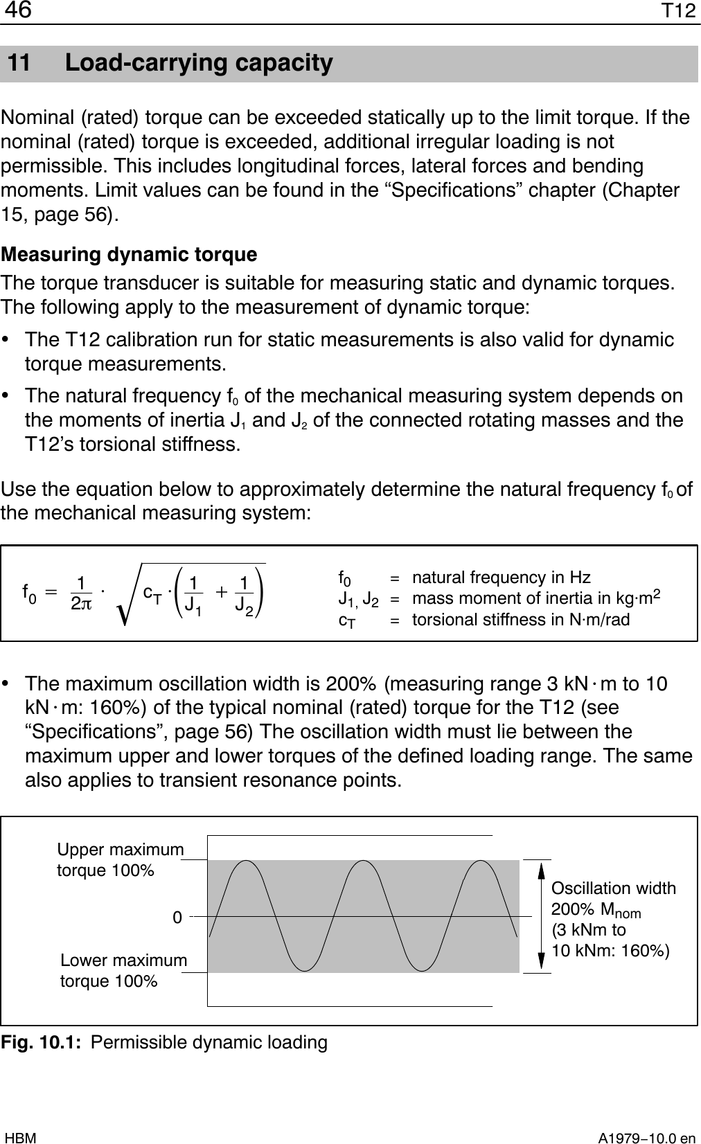 T1246A1979−10.0 enHBM11 Load-carrying capacityNominal (rated) torque can be exceeded statically up to the limit torque. If thenominal (rated) torque is exceeded, additional irregular loading is notpermissible. This includes longitudinal forces, lateral forces and bendingmoments. Limit values can be found in the “Specifications” chapter (Chapter15, page 56).Measuring dynamic torqueThe torque transducer is suitable for measuring static and dynamic torques.The following apply to the measurement of dynamic torque:The T12 calibration run for static measurements is also valid for dynamictorque measurements.The natural frequency f0 of the mechanical measuring system depends onthe moments of inertia J1 and J2 of the connected rotating masses and theT12’s torsional stiffness.Use the equation below to approximately determine the natural frequency f0 ofthe mechanical measuring system:f0+12p·cT·ǒ1J1)1J2ǓǸf0=  natural frequency in HzJ1, J2= mass moment of inertia in kgm2cT= torsional stiffness in Nm/radThe maximum oscillation width is 200% (measuring range 3 kN@m to 10kN@m: 160%) of the typical nominal (rated) torque for the T12 (see“Specifications”, page 56) The oscillation width must lie between themaximum upper and lower torques of the defined loading range. The samealso applies to transient resonance points.0Upper maximumtorque 100%Lower maximumtorque 100%Oscillation width200% Mnom(3 kNm to 10 kNm: 160%)Fig. 10.1: Permissible dynamic loading