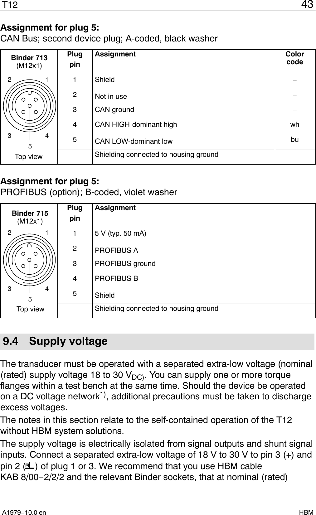 43T12A1979−10.0 en HBMAssignment for plug 5:CAN Bus; second device plug; A-coded, black washerTop view12435Binder 713(M12x1)PlugpinAssignment Colorcode1 Shield −2Not in use −3CAN ground −4CAN HIGH-dominant high wh5CAN LOW-dominant low buShielding connected to housing groundAssignment for plug 5:PROFIBUS (option); B-coded, violet washerTop view12435Binder 715(M12x1)PlugpinAssignment15 V (typ. 50 mA)2PROFIBUS A3PROFIBUS ground4PROFIBUS B5ShieldShielding connected to housing ground9.4 Supply voltageThe transducer must be operated with a separated extra-low voltage (nominal(rated) supply voltage 18 to 30 VDC). You can supply one or more torqueflanges within a test bench at the same time. Should the device be operatedon a DC voltage network1), additional precautions must be taken to dischargeexcess voltages.The notes in this section relate to the self-contained operation of the T12without HBM system solutions.The supply voltage is electrically isolated from signal outputs and shunt signalinputs. Connect a separated extra-low voltage of 18 V to 30 V to pin 3 (+) andpin 2 ( ) of plug 1 or 3. We recommend that you use HBM cableKAB 8/00−2/2/2 and the relevant Binder sockets, that at nominal (rated)