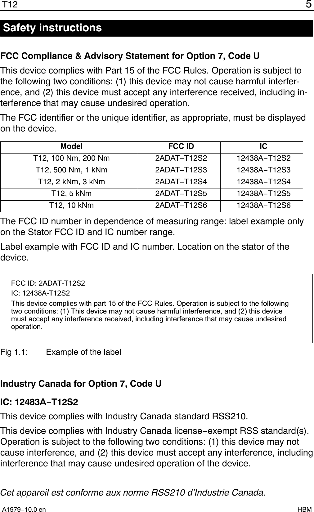5T12A1979−10.0 en HBMSafety instructionsFCC Compliance &amp; Advisory Statement for Option 7, Code UThis device complies with Part 15 of the FCC Rules. Operation is subject tothe following two conditions: (1) this device may not cause harmful interfer-ence, and (2) this device must accept any interference received, including in-terference that may cause undesired operation.The FCC identifier or the unique identifier, as appropriate, must be displayedon the device.Model FCC ID ICT12, 100 Nm, 200 Nm 2ADAT−T12S2 12438A−T12S2T12, 500 Nm, 1 kNm 2ADAT−T12S3 12438A−T12S3T12, 2 kNm, 3 kNm 2ADAT−T12S4 12438A−T12S4T12, 5 kNm 2ADAT−T12S5 12438A−T12S5T12, 10 kNm 2ADAT−T12S6 12438A−T12S6The FCC ID number in dependence of measuring range: label example onlyon the Stator FCC ID and IC number range.Label example with FCC ID and IC number. Location on the stator of thedevice.FCC ID: 2ADAT-T12S2IC: 12438AT12S2This device complies with part 15 of the FCC Rules. Operation is subject to the followingtwo conditions: (1) This device may not cause harmful interference, and (2) this devicemust accept any interference received, including interference that may cause undesiredoperation.Fig 1.1: Example of the labelIndustry Canada for Option 7, Code UIC: 12483A−T12S2This device complies with Industry Canada standard RSS210.This device complies with Industry Canada license−exempt RSS standard(s).Operation is subject to the following two conditions: (1) this device may notcause interference, and (2) this device must accept any interference, includinginterference that may cause undesired operation of the device.Cet appareil est conforme aux norme RSS210 d’Industrie Canada.