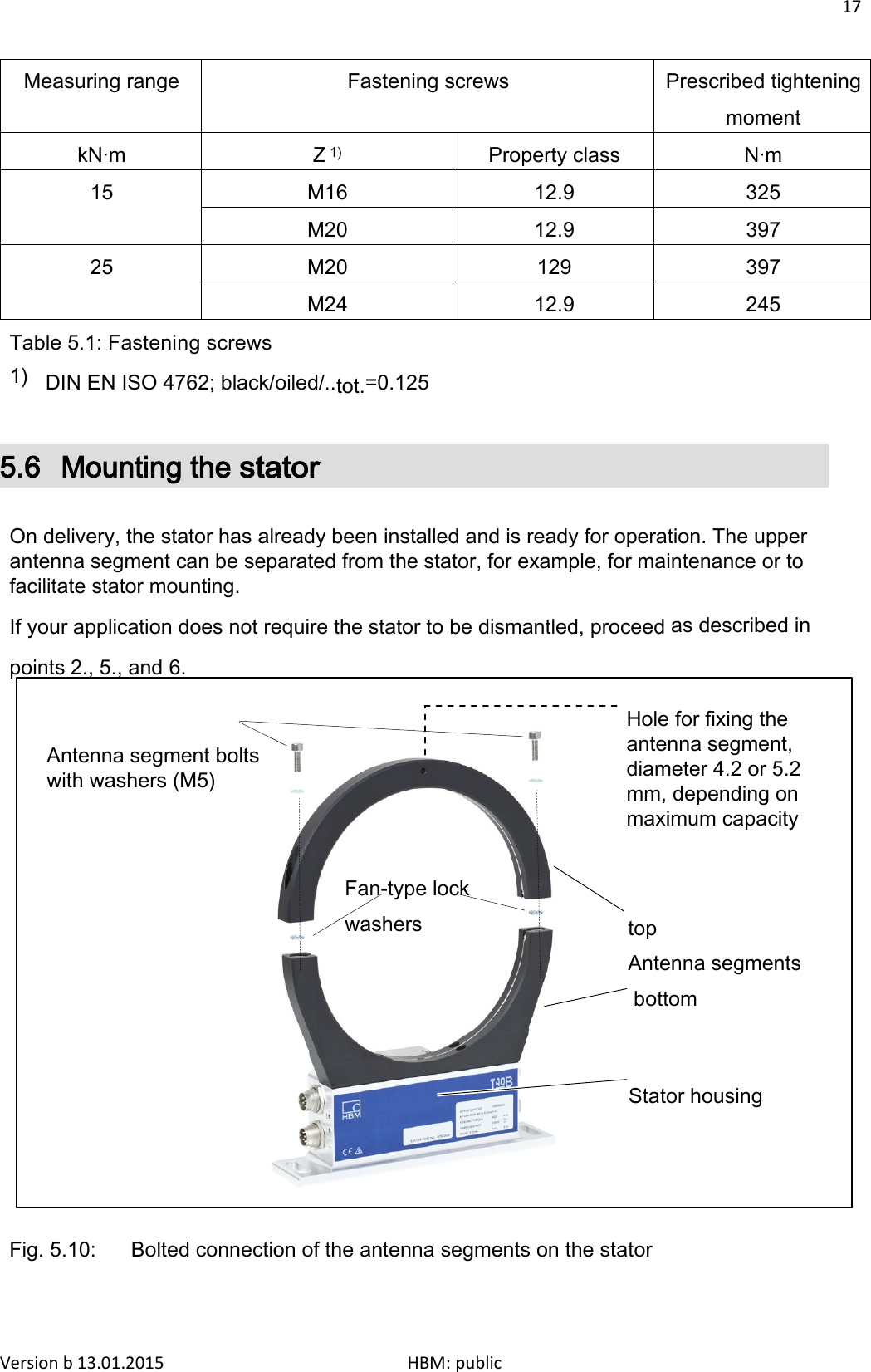 17   Measuring range Fastening screws Prescribed tightening moment kN·m  Z 1) Property class N·m 15 M16 12.9 325 M20 12.9 397 25 M20 129 397 M24 12.9 245 Table 5.1: Fastening screws 1)   DIN EN ISO 4762; black/oiled/..tot.=0.125  5.6 Mounting the stator   On delivery, the stator has already been installed and is ready for operation. The upper antenna segment can be separated from the stator, for example, for maintenance or to facilitate stator mounting. If your application does not require the stator to be dismantled, proceed as described in points 2., 5., and 6.    Antenna segment bolts with washers (M5)          Fan-type lock washers Hole for fixing the antenna segment, diameter 4.2 or 5.2 mm, depending on maximum capacity    top  Antenna segments  bottom     Stator housing        Fig. 5.10:  Bolted connection of the antenna segments on the stator Version b 13.01.2015                              HBM: public 