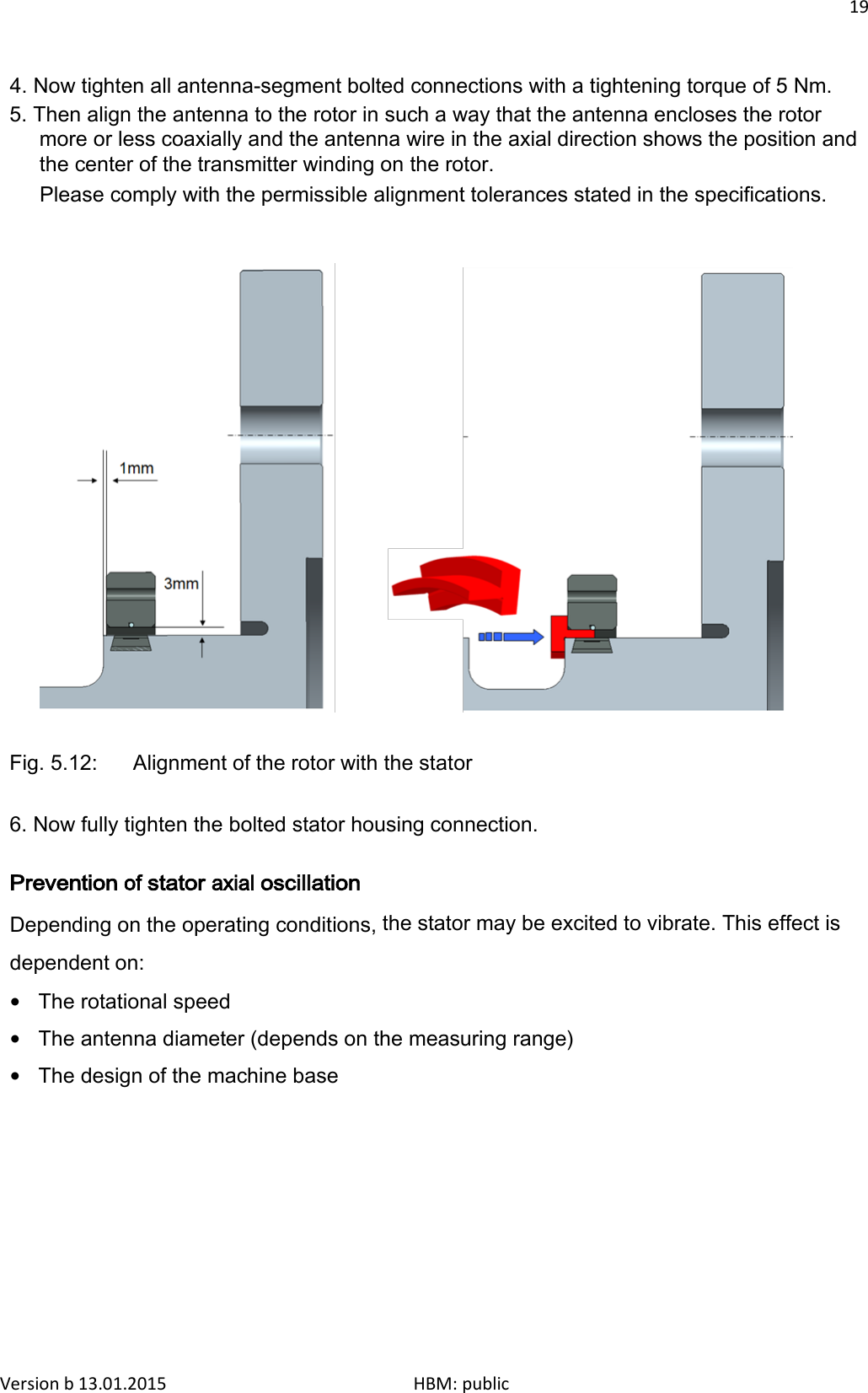 19    4. Now tighten all antenna-segment bolted connections with a tightening torque of 5 Nm. 5. Then align the antenna to the rotor in such a way that the antenna encloses the rotor more or less coaxially and the antenna wire in the axial direction shows the position and the center of the transmitter winding on the rotor. Please comply with the permissible alignment tolerances stated in the specifications.      Fig. 5.12:  Alignment of the rotor with the stator   6. Now fully tighten the bolted stator housing connection.  Prevention of stator axial oscillation Depending on the operating conditions, the stator may be excited to vibrate. This effect is dependent on: • The rotational speed • The antenna diameter (depends on the measuring range) • The design of the machine base Version b 13.01.2015                              HBM: public 