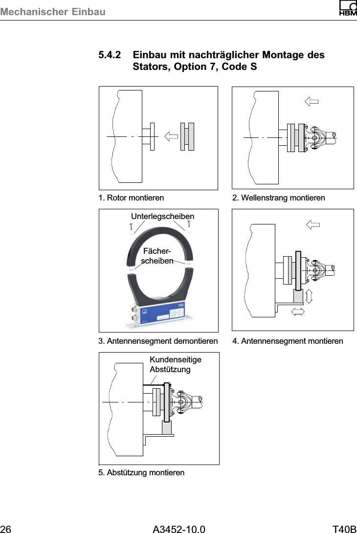 Mechanischer Einbau26 A3452-10.0 T40B5.4.2 Einbau mit nachträglicher Montage desStators, Option 7, Code SFächerscheibenUnterlegscheiben1. Rotor montieren 2. Wellenstrang montieren3. Antennensegment demontieren 4. Antennensegment montierenKundenseitigeAbstützung5. Abstützung montieren