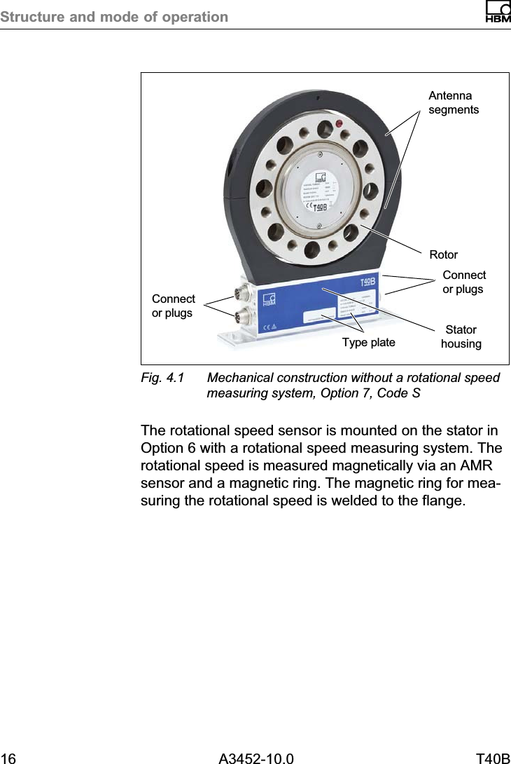 Structure and mode of operation16 A3452-10.0 T40BAntennasegmentsRotorConnector plugsStatorhousingType plateConnector plugsFig. 4.1 Mechanical construction without a rotational speedmeasuring system, Option 7, Code SThe rotational speed sensor is mounted on the stator inOption 6 with a rotational speed measuring system. Therotational speed is measured magnetically via an AMRsensor and a magnetic ring. The magnetic ring for measuring the rotational speed is welded to the flange.