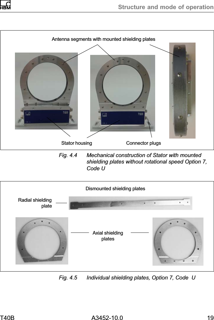 Structure and mode of operationT40B A3452-10.0 19Stator housingAntenna segments with mounted shielding platesConnector plugsFig. 4.4 Mechanical construction of Stator with mountedshielding plates without rotational speed Option 7,Code UDismounted shielding platesAxial shieldingplatesRadial shieldingplateFig. 4.5 Individual shielding plates, Option 7, Code  U