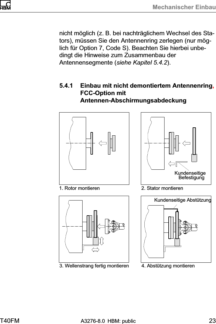 Mechanischer EinbauT40FM A3276-8.0 HBM: public 23nicht möglich (z. B. bei nachträglichem Wechsel des Stators), müssen Sie den Antennenring zerlegen (nur möglich für Option 7, Code S). Beachten Sie hierbei unbedingt die Hinweise zum Zusammenbau derAntennensegmente (siehe Kapitel 5.4.2).5.4.1 Einbau mit nicht demontiertem Antennenring,FCC-Option mitAntennen-Abschirmungsabdeckung1. Rotor montieren 2. Stator montieren3. Wellenstrang fertig montierenKundenseitige  BefestigungKundenseitige Abstützung4. Abstützung montieren