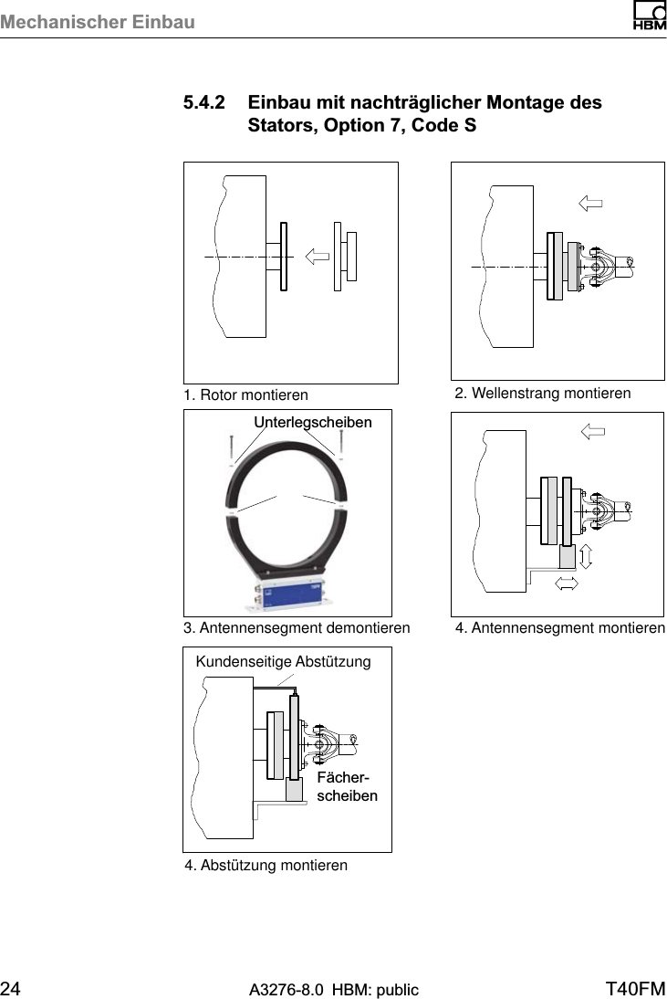Mechanischer Einbau24 A3276-8.0 HBM: public T40FM5.4.2 Einbau mit nachträglicher Montage desStators, Option 7, Code S2. Wellenstrang montieren3. Antennensegment demontieren 4. Antennensegment montieren1. Rotor montierenKundenseitige Abstützung4. Abstützung montierenFächerscheibenUnterlegscheiben