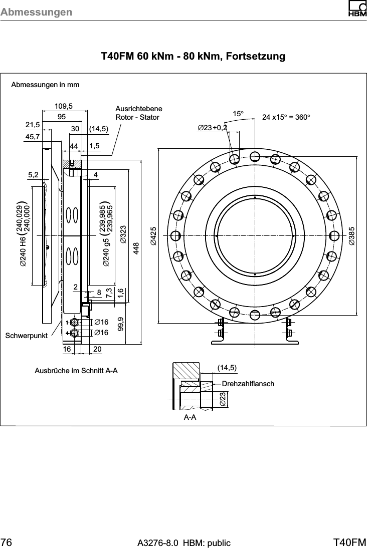 Abmessungen76 A3276-8.0 HBM: public T40FMT40FM 60 kNm - 80 kNm, FortsetzungAbmessungen in mmAusbrüche im Schnitt A-AAusrichtebeneRotor - StatorDrehzahlflanschSchwerpunktA-A∅38545,7∅23(14,5)∅42524 x15° = 360°15°∅23+0,216∅16∅16448∅323239,985239,965∅240 g5 ( )45,2240,029240,000∅240 H6 ( )44(14,5)3021,5 95109,51,52099,9 1,6287,3