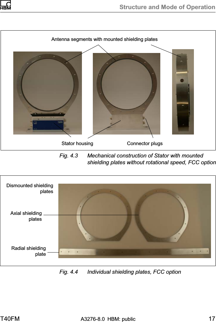 Structure and Mode of OperationT40FM A3276-8.0 HBM: public 17Stator housingAntenna segments with mounted shielding platesConnector plugsFig. 4.3 Mechanical construction of Stator with mountedshielding plates without rotational speed, FCC optionDismounted shieldingplatesAxial shieldingplatesRadial shieldingplateFig. 4.4 Individual shielding plates, FCC option