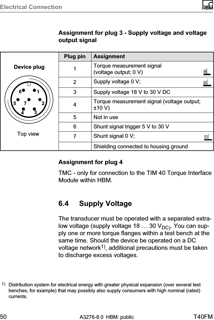 Electrical Connection50 A3276-8.0 HBM: public T40FMAssignment for plug 3 - Supply voltage and voltageoutput signal6157243Device plugTop viewPlug pin Assignment1Torque measurement signal(voltage output; 0 V)2Supply voltage 0 V;3Supply voltage 18 V to 30 V DC4Torque measurement signal (voltage output;±10 V)5Not in use6Shunt signal trigger 5 V to 30 V7Shunt signal 0 V;Shielding connected to housing groundAssignment for plug 4TMC - only for connection to the TIM 40 Torque InterfaceModule within HBM.6.4 Supply VoltageThe transducer must be operated with a separated extra-low voltage (supply voltage 18 … 30 VDC). You can supply one or more torque flanges within a test bench at thesame time. Should the device be operated on a DCvoltage network1), additional precautions must be takento discharge excess voltages.1) Distribution system for electrical energy with greater physical expansion (over several testbenches, for example) that may possibly also supply consumers with high nominal (rated)currents.