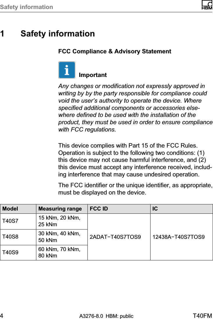 Safety information4A3276-8.0 HBM: public T40FM1 Safety informationFCC Compliance &amp; Advisory StatementImportantAny changes or modification not expressly approved inwriting by by the party responsible for compliance couldvoid the user’s authority to operate the device. Wherespecified additional components or accessories elsewhere defined to be used with the installation of theproduct, they must be used in order to ensure compliancewith FCC regulations.This device complies with Part 15 of the FCC Rules.Operation is subject to the following two conditions: (1)this device may not cause harmful interference, and (2)this device must accept any interference received, including interference that may cause undesired operation.The FCC identifier or the unique identifier, as appropriate,must be displayed on the device.Model Measuring range FCC ID ICT40S7 15 kNm, 20 kNm,25 kNm2ADAT−T40S7TOS9 12438A−T40S7TOS9T40S8 30 kNm, 40 kNm,50 kNmT40S9 60 kNm, 70 kNm,80 kNm