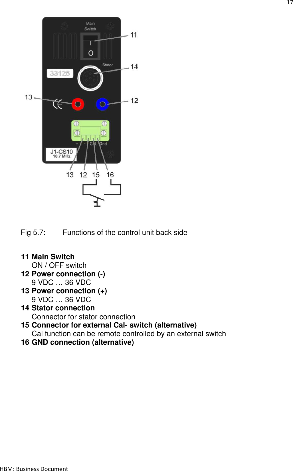 17  HBM: Business Document               Fig 5.7:   Functions of the control unit back side  11 Main Switch ON / OFF switch 12 Power connection (-) 9 VDC … 36 VDC 13 Power connection (+) 9 VDC … 36 VDC 14 Stator connection Connector for stator connection 15 Connector for external Cal- switch (alternative) Cal function can be remote controlled by an external switch 16 GND connection (alternative)      