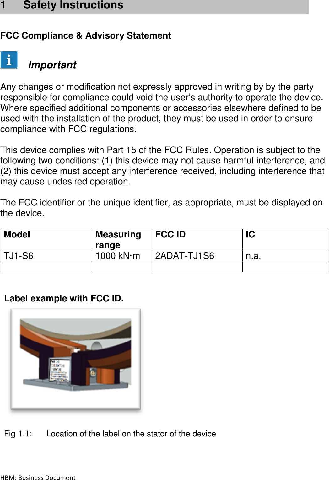 HBM: Business Document   1  Safety Instructions    FCC Compliance &amp; Advisory Statement        Important   Any changes or modification not expressly approved in writing by by the party responsible for compliance could void the user’s authority to operate the device. Where specified additional components or accessories elsewhere defined to be used with the installation of the product, they must be used in order to ensure compliance with FCC regulations.   This device complies with Part 15 of the FCC Rules. Operation is subject to the following two conditions: (1) this device may not cause harmful interference, and (2) this device must accept any interference received, including interference that may cause undesired operation.  The FCC identifier or the unique identifier, as appropriate, must be displayed on the device.  Model  Measuring range FCC ID  IC TJ1-S6  1000 kN·m  2ADAT-TJ1S6  n.a.          Label example with FCC ID.   Fig 1.1:  Location of the label on the stator of the device    
