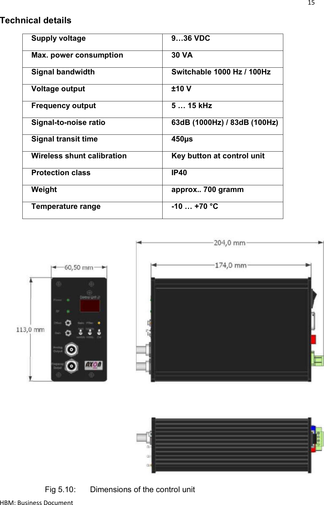 15  HBM: Business Document Technical details Supply voltage 9…36 VDC Max. power consumption 30 VA Signal bandwidth Switchable 1000 Hz / 100Hz Voltage output ±10 V Frequency output 5 … 15 kHz  Signal-to-noise ratio 63dB (1000Hz) / 83dB (100Hz) Signal transit time 450µs Wireless shunt calibration Key button at control unit Protection class IP40 Weight approx.. 700 gramm Temperature range -10 … +70 °C     Fig 5.10:   Dimensions of the control unit    