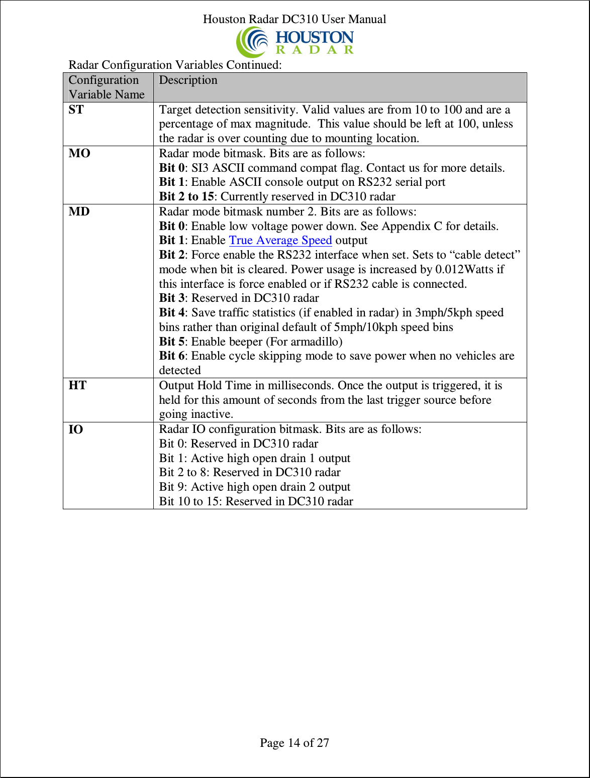 Houston Radar DC310 User Manual  Page 14 of 27 Radar Configuration Variables Continued: Configuration Variable Name Description ST  Target detection sensitivity. Valid values are from 10 to 100 and are a percentage of max magnitude.  This value should be left at 100, unless the radar is over counting due to mounting location. MO  Radar mode bitmask. Bits are as follows: Bit 0: SI3 ASCII command compat flag. Contact us for more details. Bit 1: Enable ASCII console output on RS232 serial port Bit 2 to 15: Currently reserved in DC310 radar MD  Radar mode bitmask number 2. Bits are as follows: Bit 0: Enable low voltage power down. See Appendix C for details. Bit 1: Enable True Average Speed output Bit 2: Force enable the RS232 interface when set. Sets to “cable detect” mode when bit is cleared. Power usage is increased by 0.012Watts if this interface is force enabled or if RS232 cable is connected. Bit 3: Reserved in DC310 radar Bit 4: Save traffic statistics (if enabled in radar) in 3mph/5kph speed bins rather than original default of 5mph/10kph speed bins Bit 5: Enable beeper (For armadillo) Bit 6: Enable cycle skipping mode to save power when no vehicles are detected HT  Output Hold Time in milliseconds. Once the output is triggered, it is held for this amount of seconds from the last trigger source before going inactive. IO  Radar IO configuration bitmask. Bits are as follows: Bit 0: Reserved in DC310 radar Bit 1: Active high open drain 1 output Bit 2 to 8: Reserved in DC310 radar Bit 9: Active high open drain 2 output Bit 10 to 15: Reserved in DC310 radar    