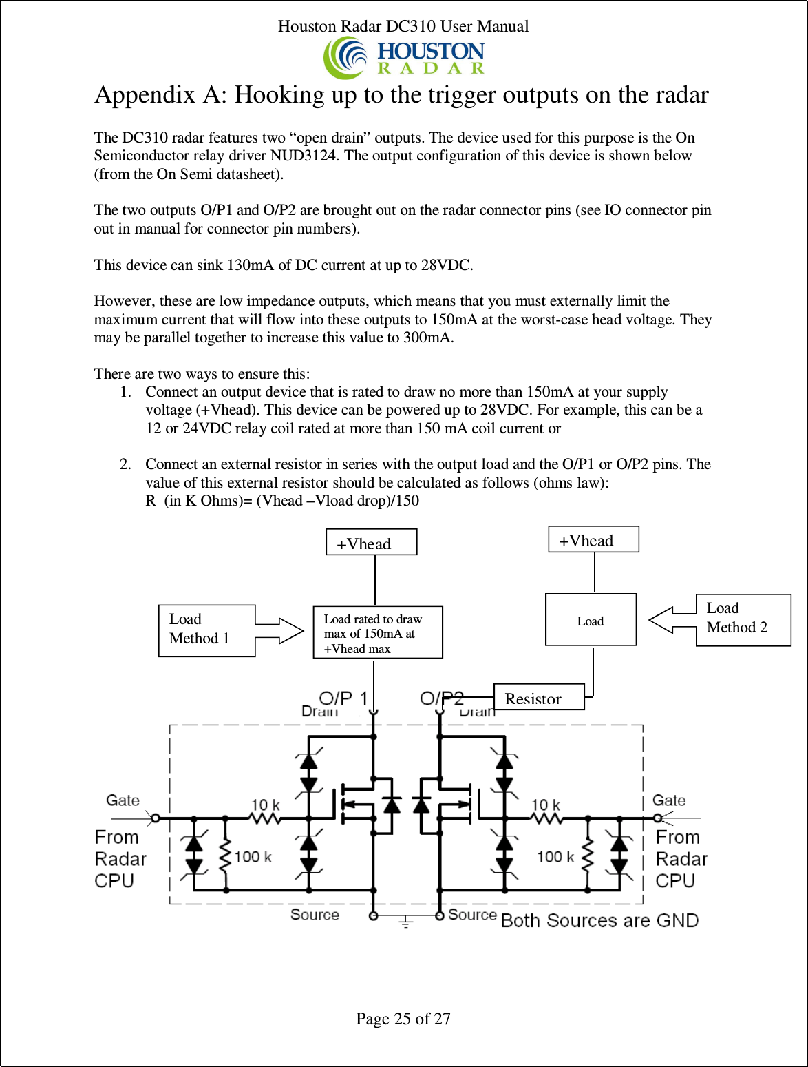 Houston Radar DC310 User Manual  Page 25 of 27 Appendix A: Hooking up to the trigger outputs on the radar  The DC310 radar features two “open drain” outputs. The device used for this purpose is the On Semiconductor relay driver NUD3124. The output configuration of this device is shown below (from the On Semi datasheet).  The two outputs O/P1 and O/P2 are brought out on the radar connector pins (see IO connector pin out in manual for connector pin numbers).  This device can sink 130mA of DC current at up to 28VDC.  However, these are low impedance outputs, which means that you must externally limit the maximum current that will flow into these outputs to 150mA at the worst-case head voltage. They may be parallel together to increase this value to 300mA.  There are two ways to ensure this: 1. Connect an output device that is rated to draw no more than 150mA at your supply voltage (+Vhead). This device can be powered up to 28VDC. For example, this can be a 12 or 24VDC relay coil rated at more than 150 mA coil current or  2. Connect an external resistor in series with the output load and the O/P1 or O/P2 pins. The value of this external resistor should be calculated as follows (ohms law): R  (in K Ohms)= (Vhead –Vload drop)/150           Load rated to draw max of 150mA at +Vhead max +Vhead   Load +Vhead  Resistor Load Method 1 Load Method 2 