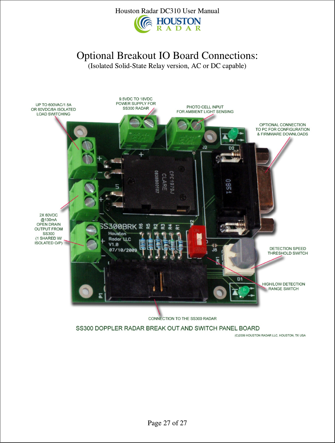 Houston Radar DC310 User Manual  Page 27 of 27   Optional Breakout IO Board Connections: (Isolated Solid-State Relay version, AC or DC capable)     Optional Isolated IO Board. Note: PWM Brightness Control is NOT available with Isolated AC/DC Relay outputs.                                