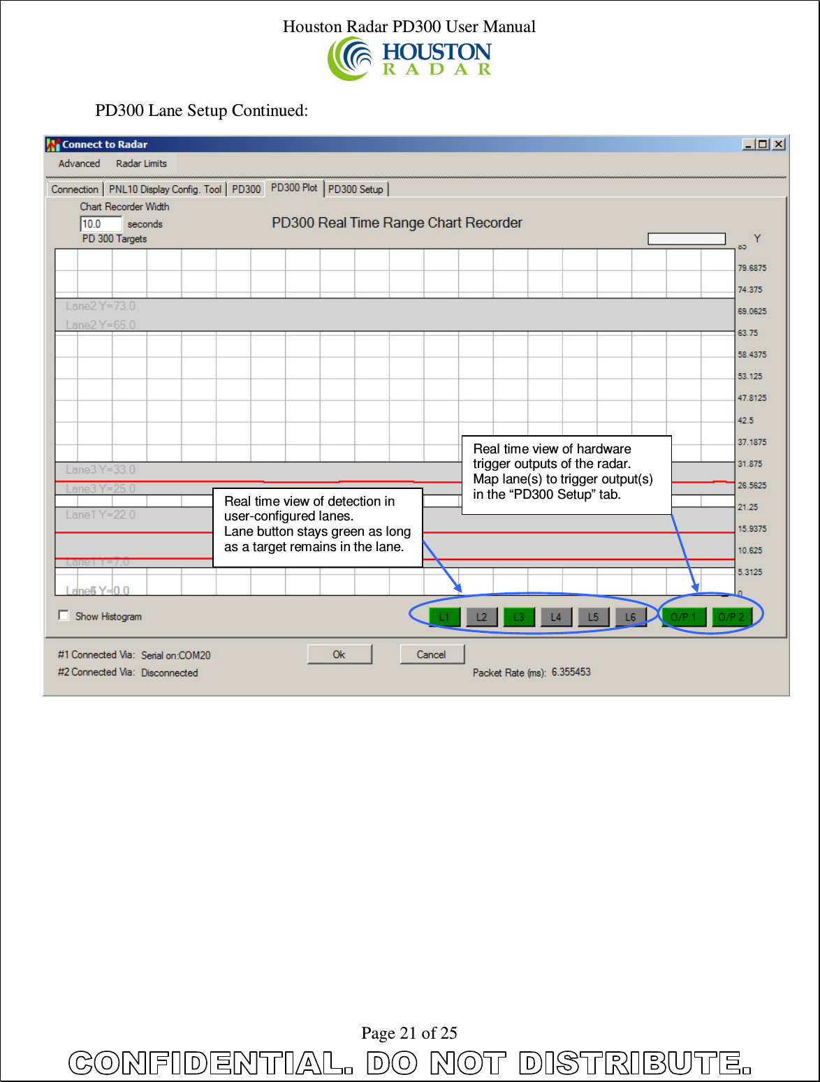 Houston Radar PD300 User Manual  Page 21 of 25  PD300 Lane Setup Continued:                                 Real time view of detection in user-configured lanes. Lane button stays green as long as a target remains in the lane. Real time view of hardware trigger outputs of the radar. Map lane(s) to trigger output(s) in the “PD300 Setup” tab. 