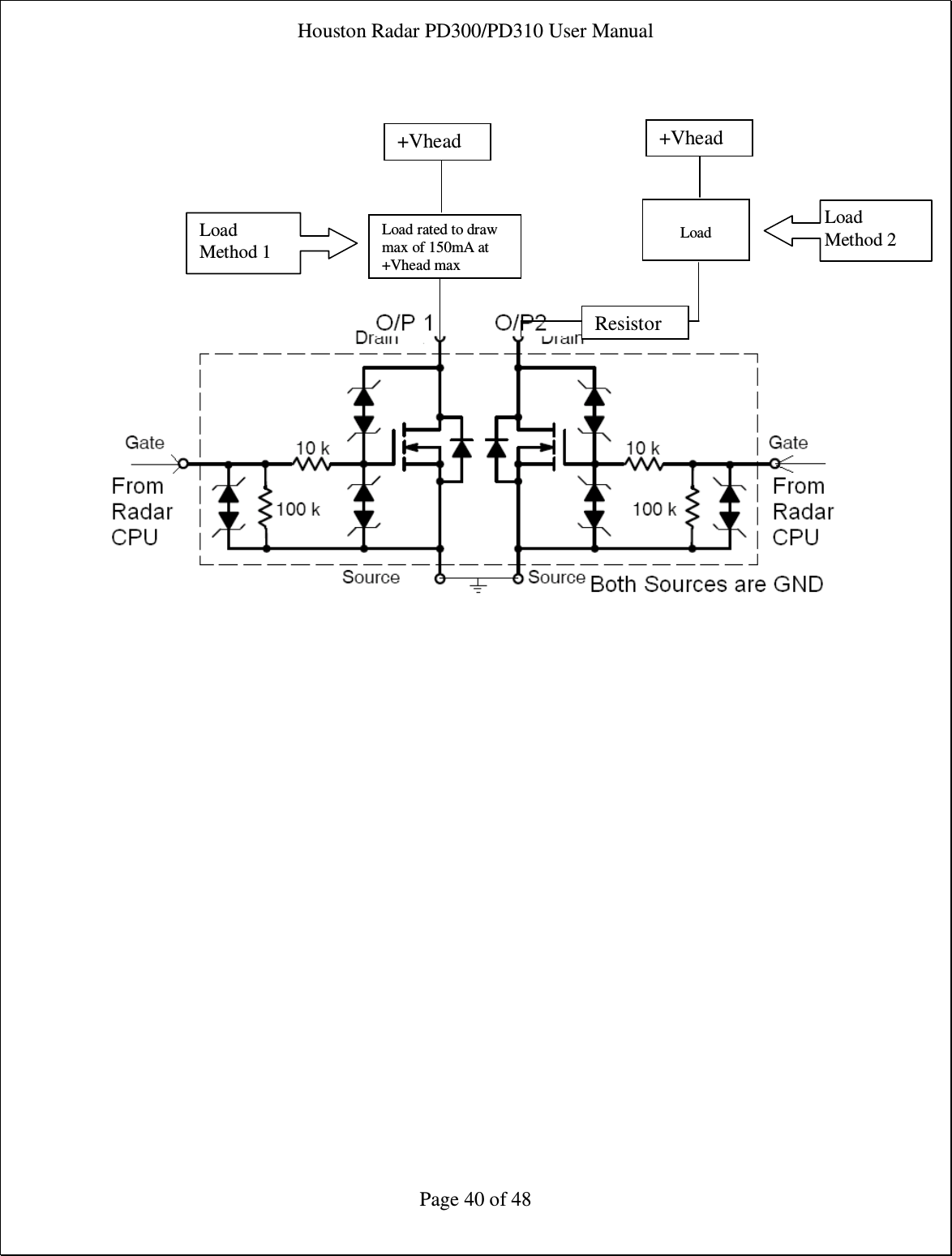 Houston Radar PD300/PD310 User Manual  Page 40 of 48            Load rated to draw max of 150mA at +Vhead max +Vhead   Load +Vhead  Resistor Load Method 1 Load Method 2 