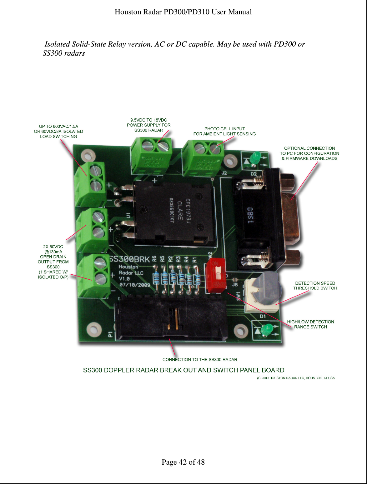 Houston Radar PD300/PD310 User Manual  Page 42 of 48   Isolated Solid-State Relay version, AC or DC capable. May be used with PD300 or SS300 radars     Optional Isolated IO Board. Note: PWM Brightness Control is NOT available with Isolated AC/DC Relay outputs.                                 