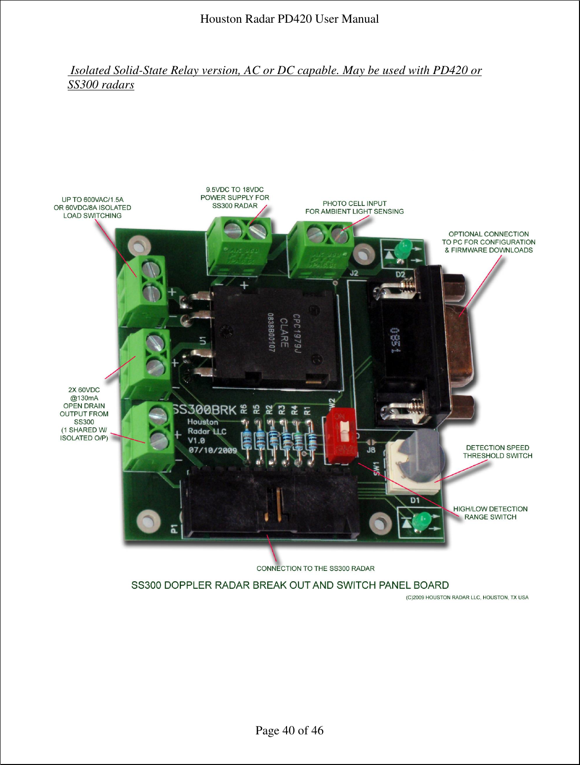 Houston Radar PD420 User Manual  Page 40 of 46   Isolated Solid-State Relay version, AC or DC capable. May be used with PD420 or SS300 radars     Optional Isolated IO Board. Note: PWM Brightness Control is NOT available with Isolated AC/DC Relay outputs.                                 