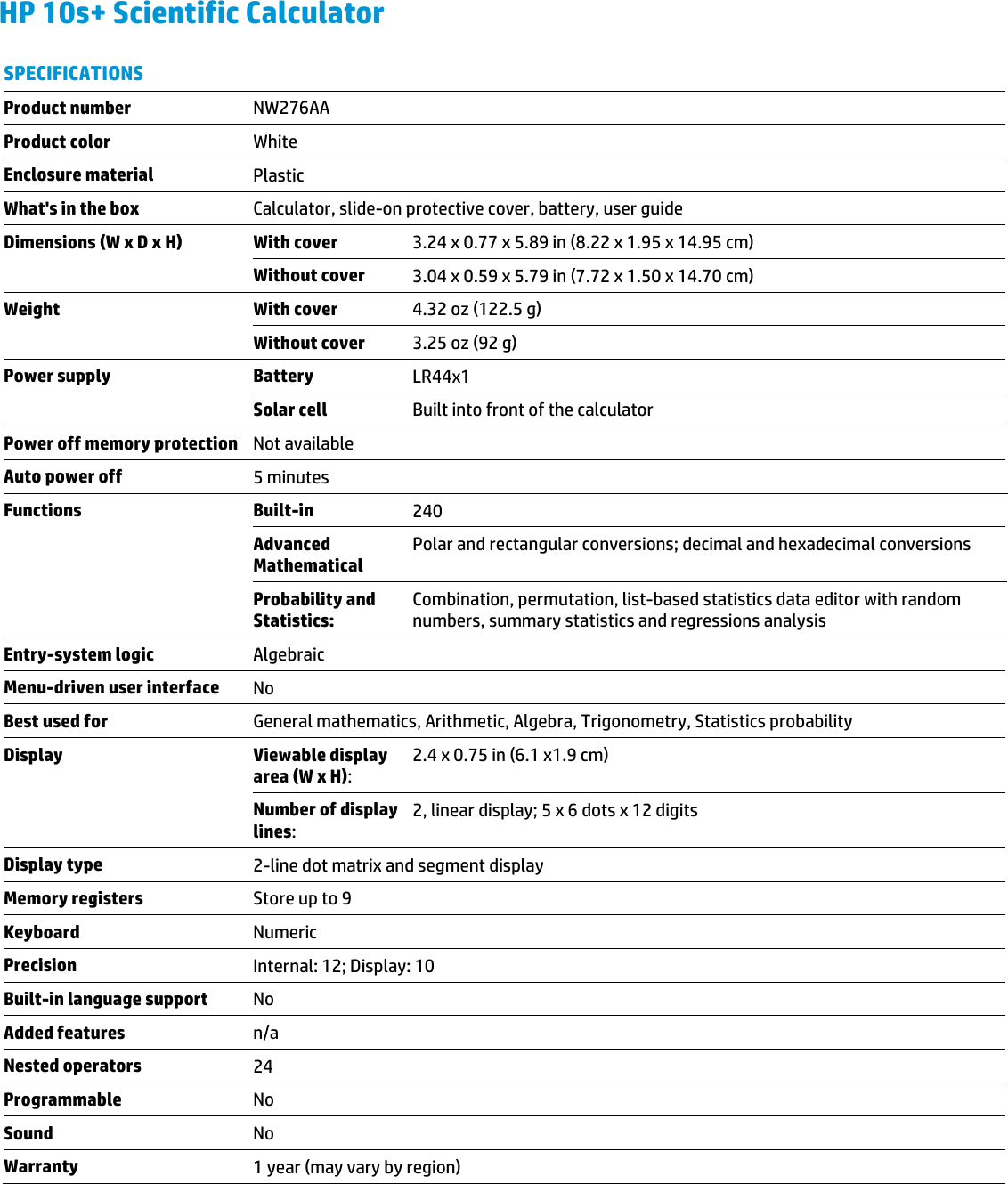Page 2 of 3 - Hp Hp-10S-Scientific-Calculator-Product-Information-  Hp-10s-scientific-calculator-product-information