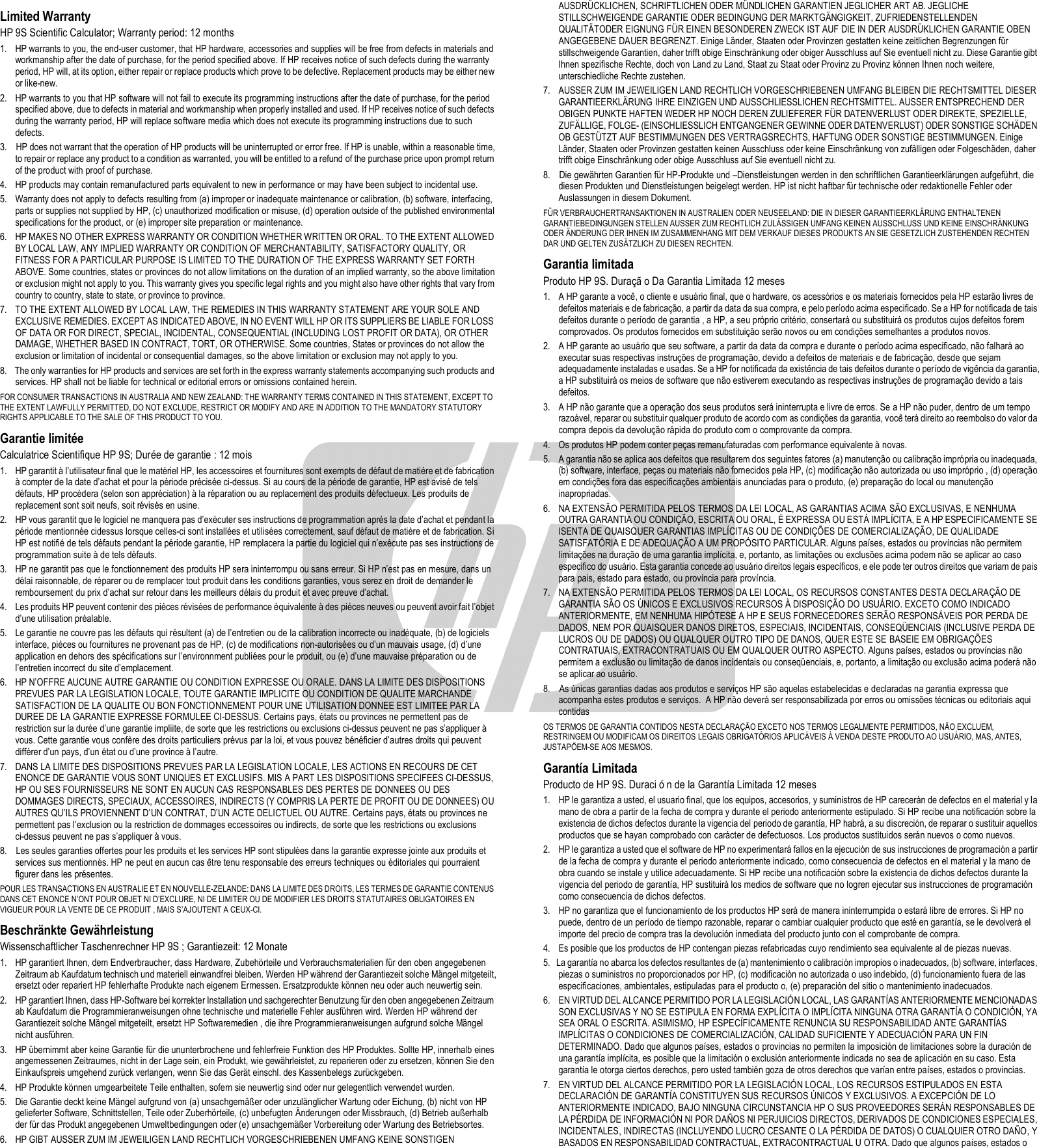 Page 1 of 2 - Hp Hp-9S-Scientific-Calculator-Warranty- WARRANTY CARD-SR178_050427_ Hp-9s-scientific-calculator-warranty