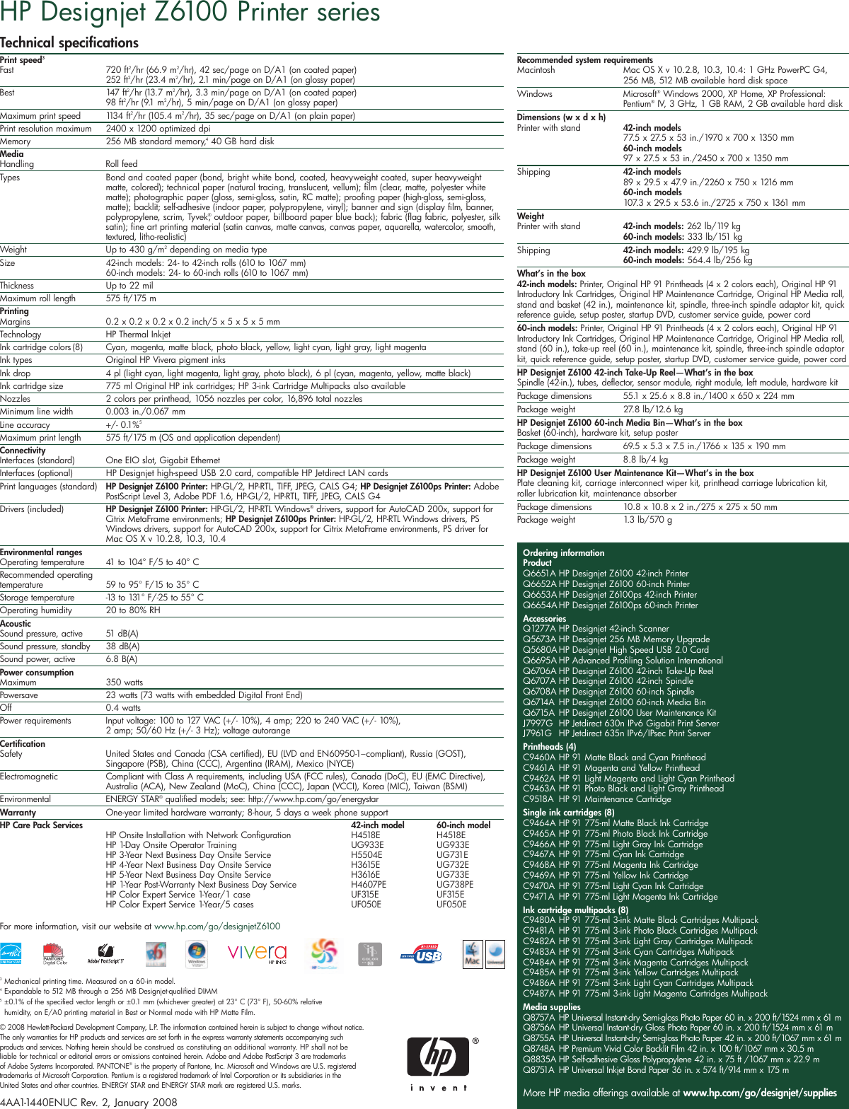 Hp Designjet Z6100 Series Users Manual Printer Data Sheet