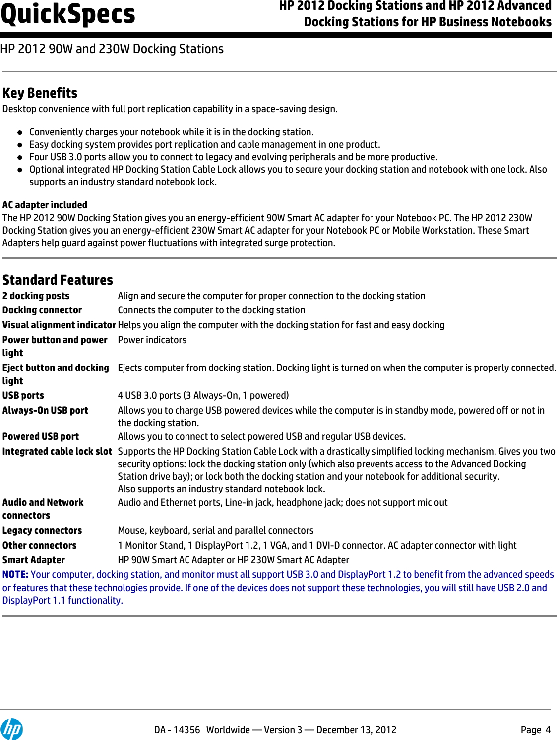 Page 4 of 10 - Hp Hp-Hp-2012-120W-Advanced-Docking-Station-A7E32Aaaba-Users-Manual- 2012 Docking Stations And Advanced For Business Notebooks  Hp-hp-2012-120w-advanced-docking-station-a7e32aaaba-users-manual