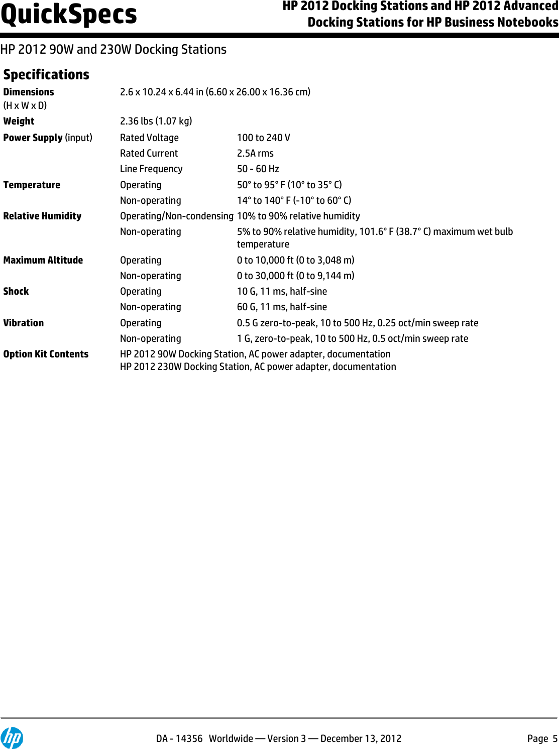 Page 5 of 10 - Hp Hp-Hp-2012-120W-Advanced-Docking-Station-A7E32Aaaba-Users-Manual- 2012 Docking Stations And Advanced For Business Notebooks  Hp-hp-2012-120w-advanced-docking-station-a7e32aaaba-users-manual