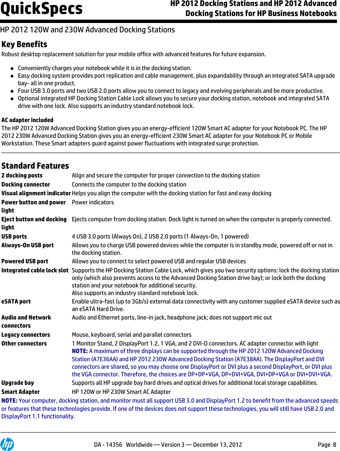 Page 8 of 10 - Hp Hp-Hp-2012-120W-Advanced-Docking-Station-A7E32Aaaba-Users-Manual- 2012 Docking Stations And Advanced For Business Notebooks  Hp-hp-2012-120w-advanced-docking-station-a7e32aaaba-users-manual