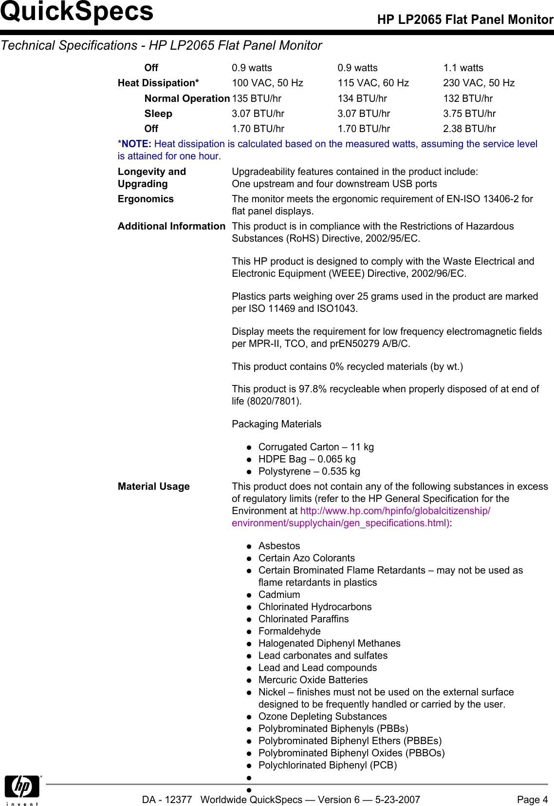 Page 4 of 9 - Hp Hp-Hp2065-Users-Manual- LP2065 Flat Panel Monitor  Hp-hp2065-users-manual