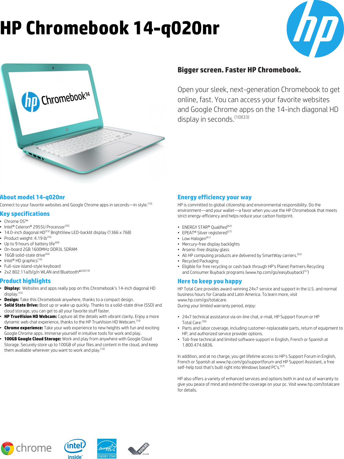 Page 1 of 2 - Hp Hp-Hp-Chromebook-14-Q020Nr-F0H00Uaaba-Users-Manual- Pavilion Data Sheet  Hp-hp-chromebook-14-q020nr-f0h00uaaba-users-manual