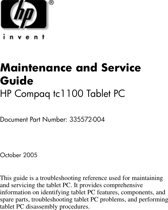 Hp Compaq Tc1100 Tablet Pc 335572 004 Users Manual Maintenance And