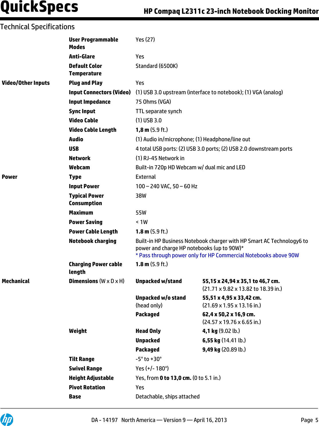 Page 5 of 10 - Hp Hp-Hp-E2-2000-H6U09Aaaba-Users-Manual- Compaq L2311c 23-inch Notebook Docking Monitor  Hp-hp-e2-2000-h6u09aaaba-users-manual