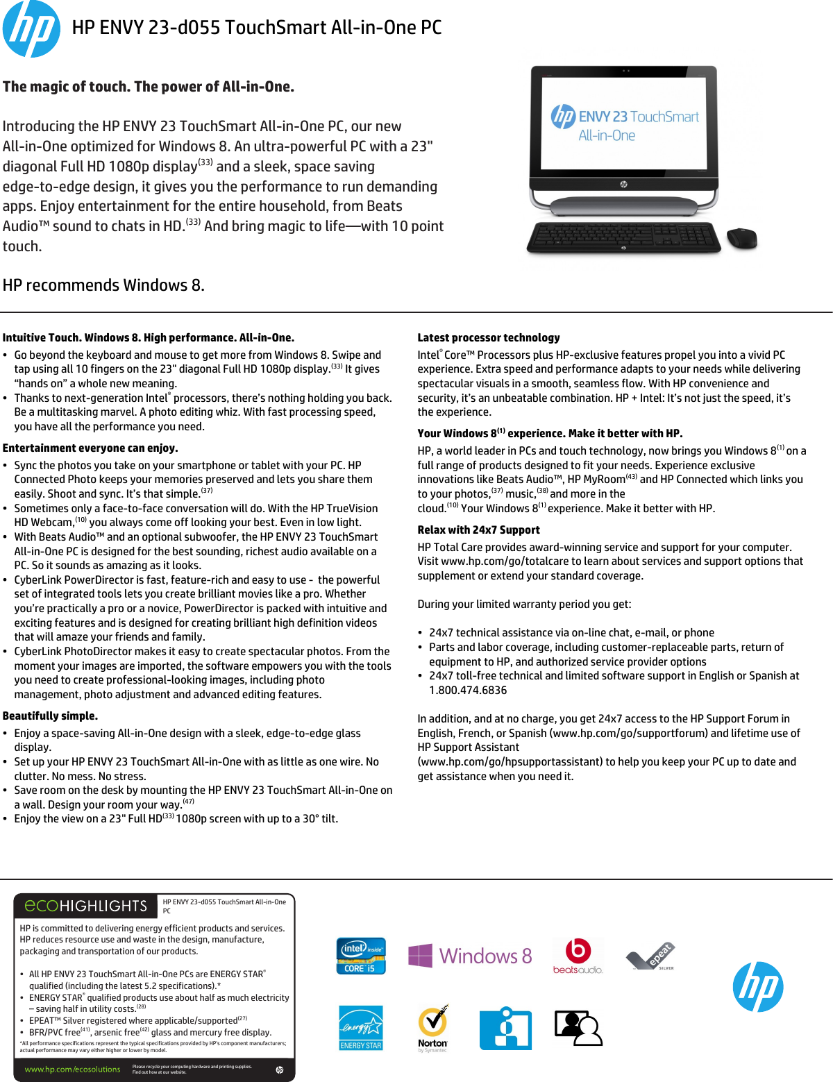 Page 1 of 2 - Hp Hp-Hp-Envy-Touchsmart-All-In-One-Pc-H4A30Aaraba-Users-Manual- Pavilion Data Sheet  Hp-hp-envy-touchsmart-all-in-one-pc-h4a30aaraba-users-manual