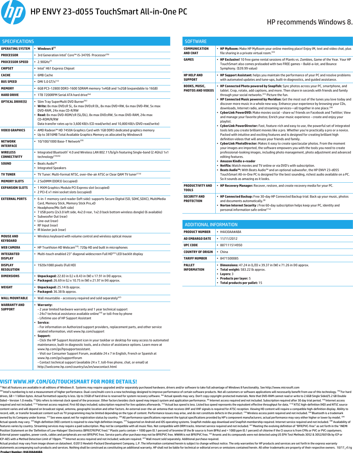 Page 2 of 2 - Hp Hp-Hp-Envy-Touchsmart-All-In-One-Pc-H4A30Aaraba-Users-Manual- Pavilion Data Sheet  Hp-hp-envy-touchsmart-all-in-one-pc-h4a30aaraba-users-manual