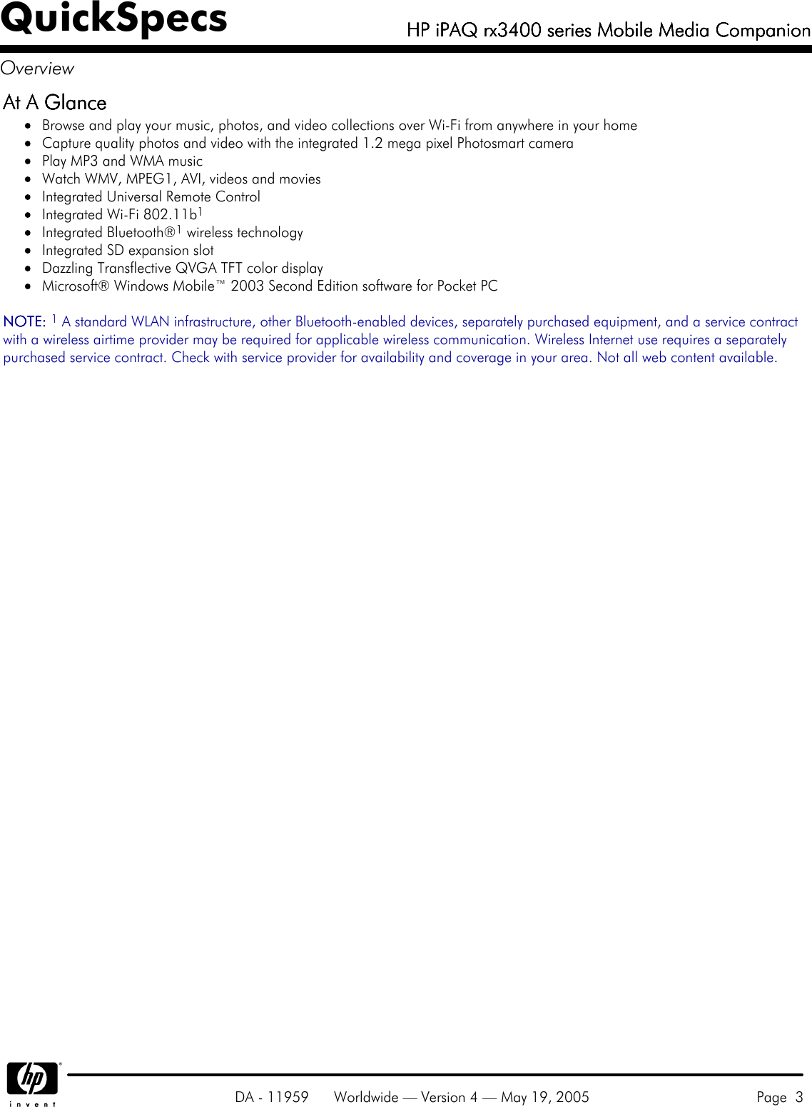 Page 3 of 11 - Hp Hp-Hp-Ipaq-Mobile-Media-Companion-Rx3400-Users-Manual- IPAQ Rx3400 Series Mobile Media Companion  Hp-hp-ipaq-mobile-media-companion-rx3400-users-manual