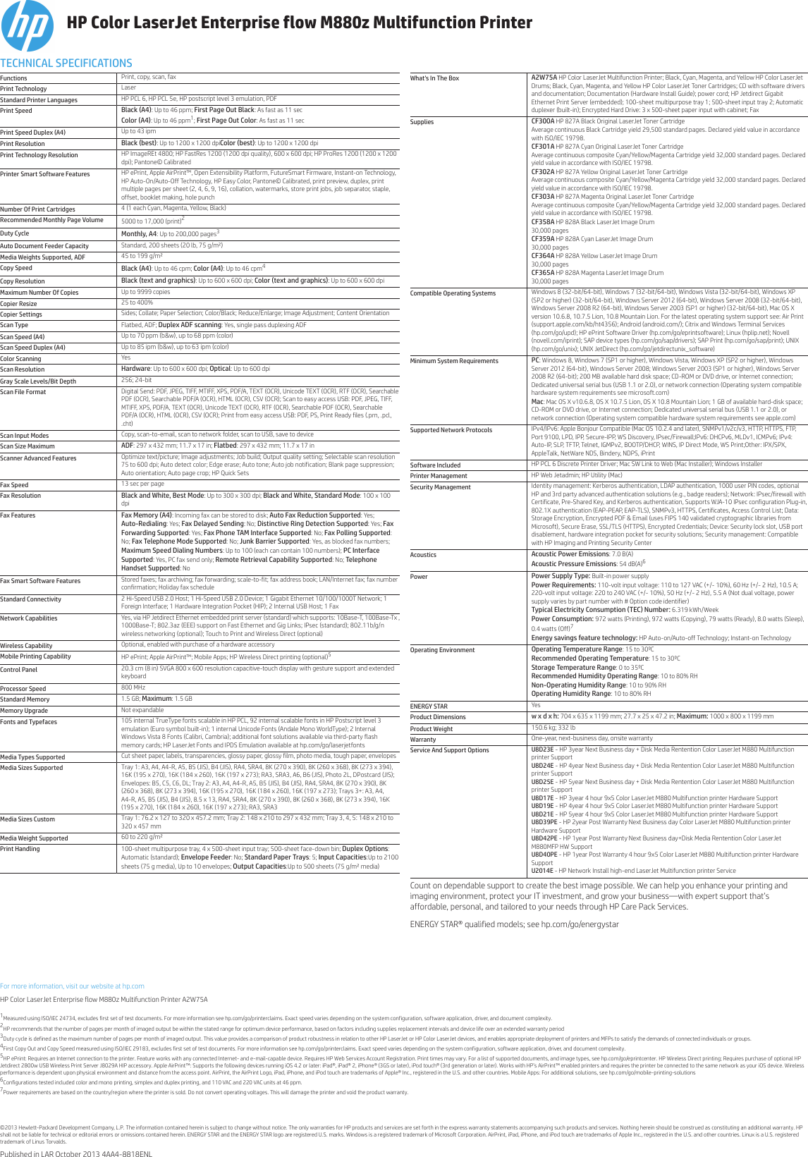 Page 2 of 2 - Hp Hp-Hp-M880Z-Color-Laser-Printer-A2W75Abgj-Users-Manual- IPG HW HPS Commercial MFP Product Datasheet Hp-hp-m880z-color-laser-printer-a2w75abgj-users-manual