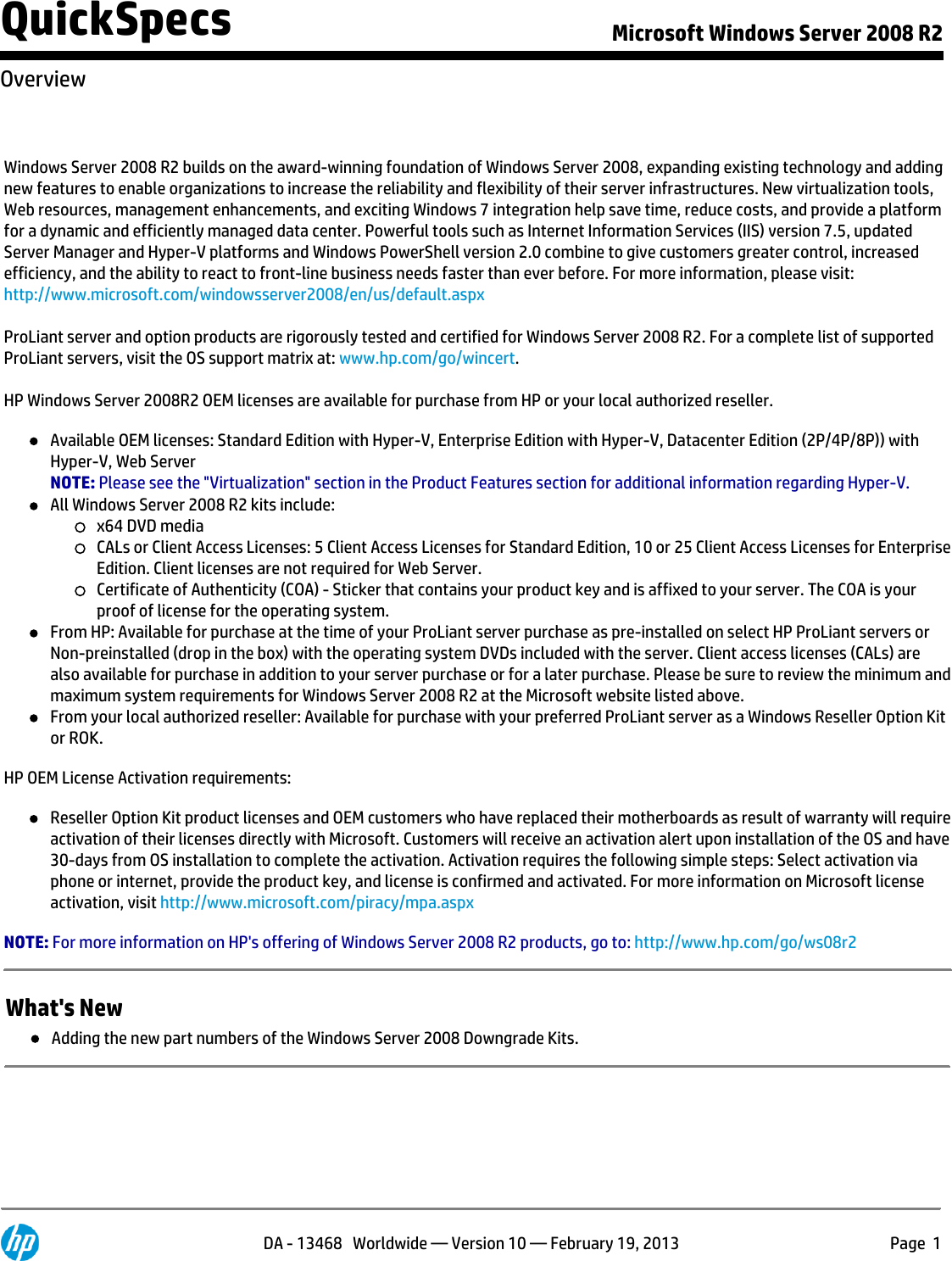 Page 1 of 10 - Hp Hp-Hp-Microsoft-Windows-Server-2008-R2-Standard-Edition-589256-B21-Users-Manual- Microsoft Windows Server 2008 R2  Hp-hp-microsoft-windows-server-2008-r2-standard-edition-589256-b21-users-manual