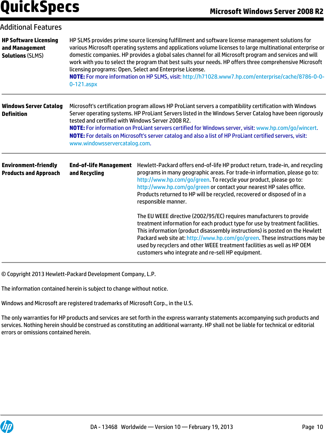 Page 10 of 10 - Hp Hp-Hp-Microsoft-Windows-Server-2008-R2-Standard-Edition-589256-B21-Users-Manual- Microsoft Windows Server 2008 R2  Hp-hp-microsoft-windows-server-2008-r2-standard-edition-589256-b21-users-manual