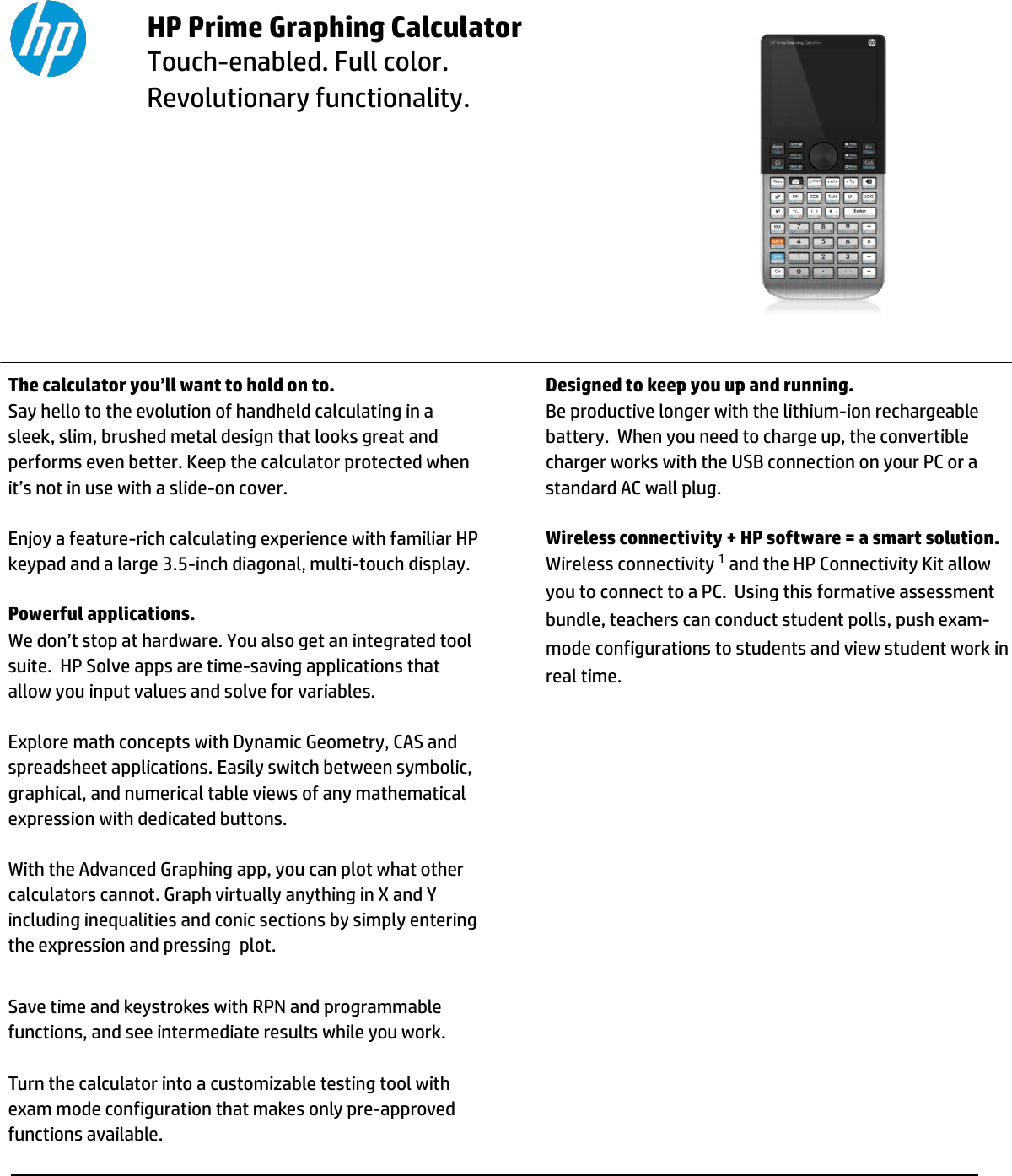 Page 1 of 3 - Hp Hp-Hp-Prime-Graphing-Calculator-Hwpnw280Aaaba-Users-Manual- Prime Graphing Calculator Data Sheet  Hp-hp-prime-graphing-calculator-hwpnw280aaaba-users-manual