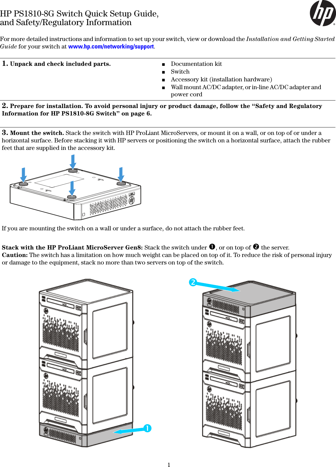 Page 1 of 8 - Hp Hp-Hp-Ps1810-8G-Switch-J9833Aaba-Users-Manual- PS1810-8G Switch Quick Setup Guide And Safety/Regulatory Information  Hp-hp-ps1810-8g-switch-j9833aaba-users-manual