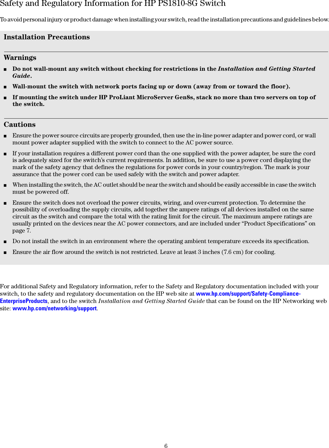 Page 6 of 8 - Hp Hp-Hp-Ps1810-8G-Switch-J9833Aaba-Users-Manual- PS1810-8G Switch Quick Setup Guide And Safety/Regulatory Information  Hp-hp-ps1810-8g-switch-j9833aaba-users-manual