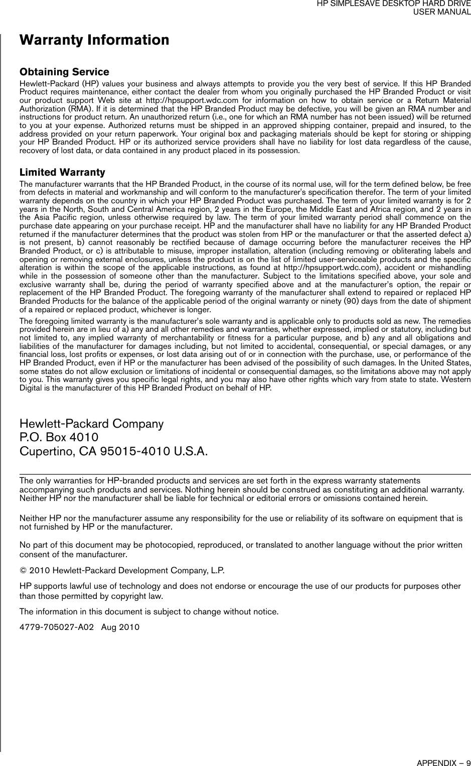 Page 11 of 11 - Hp Hp-Hp-Simplesave-Desktop-Dt2000I-2-Tb-External-Hard-Drive-Wdbw2A0020Hbk-Nesn-Users-Manual- SimpleSave Desktop Hard Drive User Manual  Hp-hp-simplesave-desktop-dt2000i-2-tb-external-hard-drive-wdbw2a0020hbk-nesn-users-manual