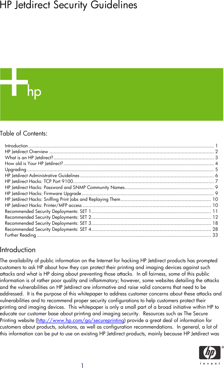Hp Jetdirect J2550A Print Server White Paper Security Guidelines