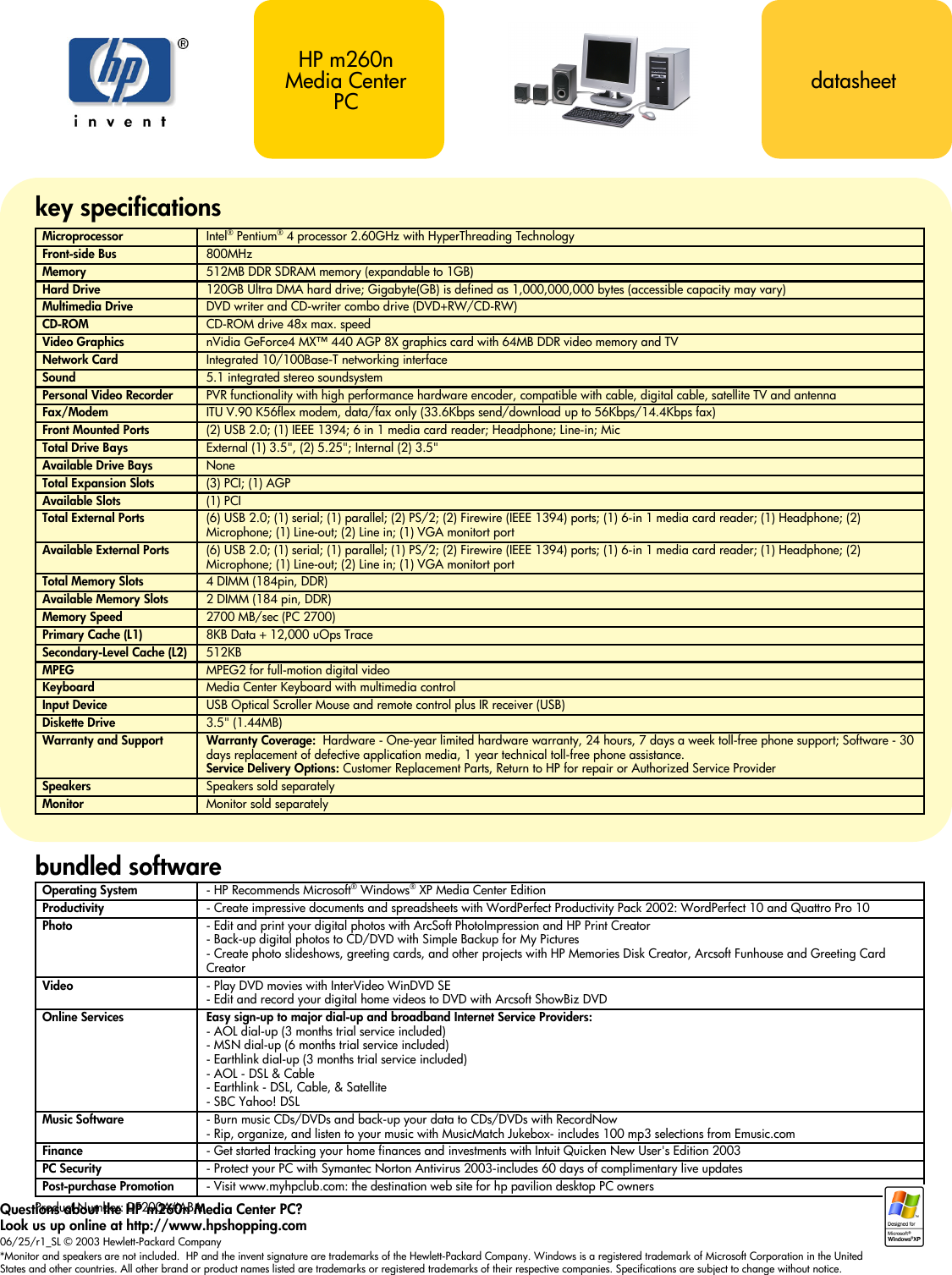 Page 1 of 1 - Hp Hp-Media-Center-M260N-Desktop-Pc-Specifications- Pavilion Data Sheet  Hp-media-center-m260n-desktop-pc-specifications