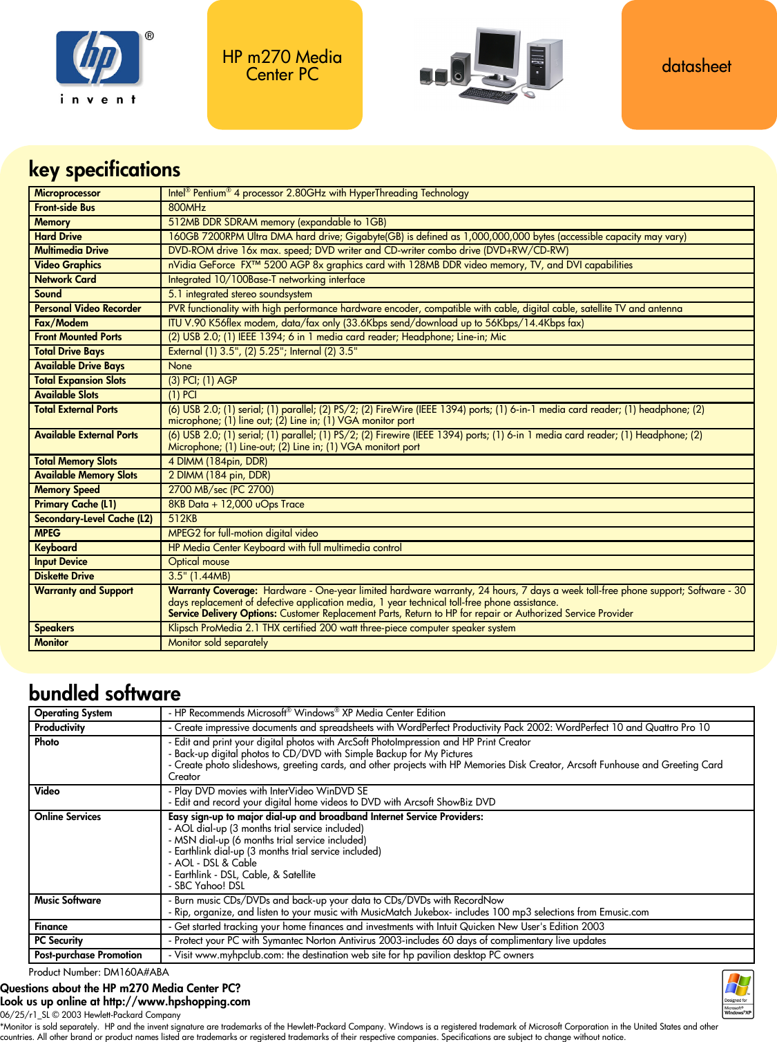 Page 1 of 1 - Hp Hp-Media-Center-M270-Desktop-Pc-Specifications- Pavilion Data Sheet  Hp-media-center-m270-desktop-pc-specifications