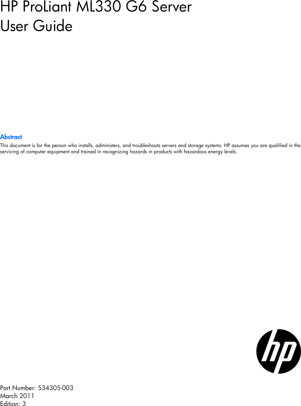 Hpml Server Hp Ml330 G6 Users Manual ProLiant Server User Guide